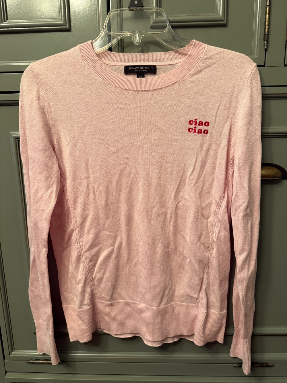Banana Republic Pink 'Ciao Ciao' Silk Cotton Crewneck Embroidered Sweater sz XS